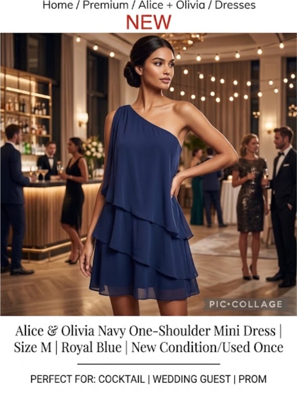Alice + Olivia Navy One-Shoulder Tiered Mini Dress